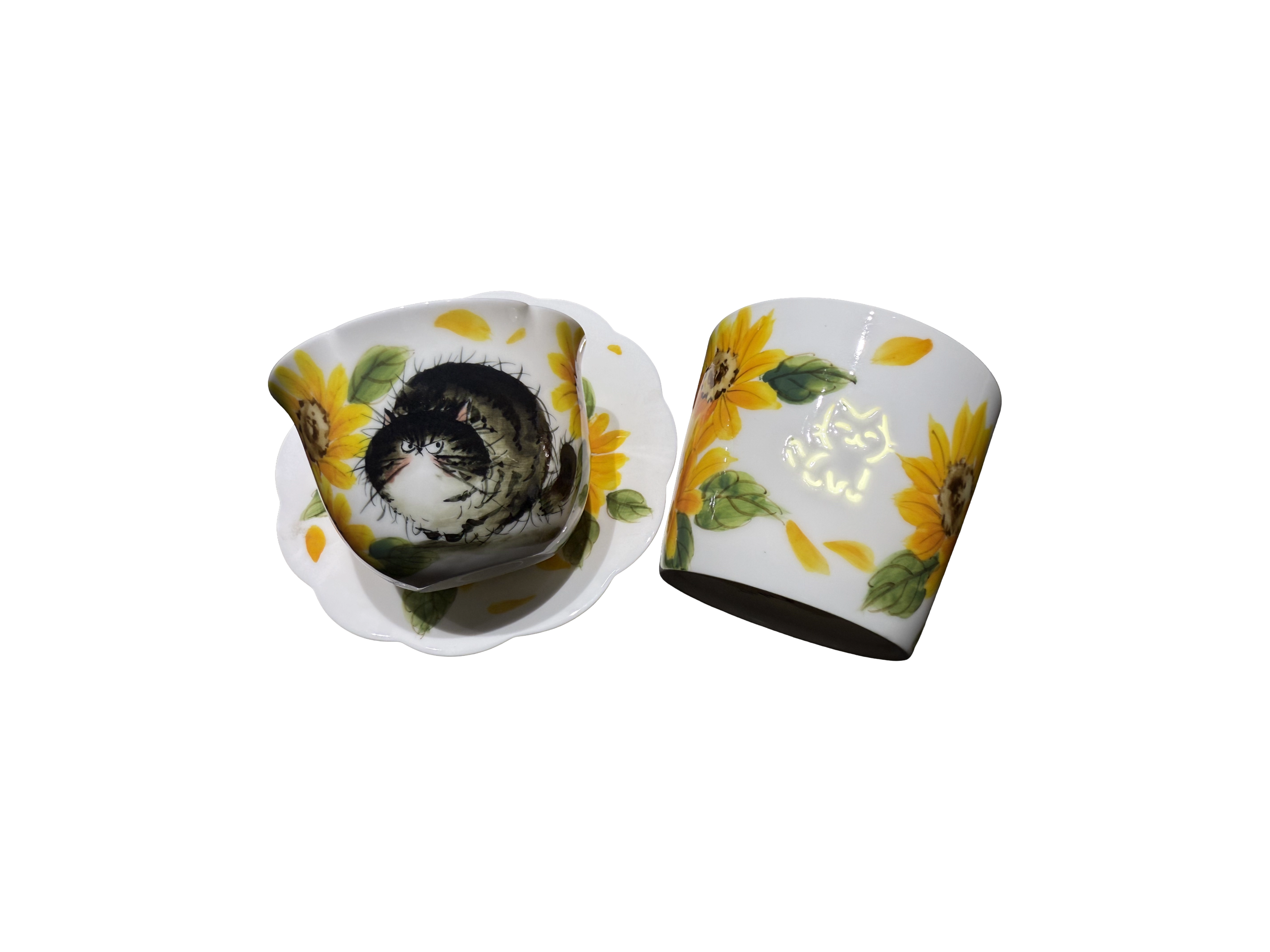 Tasse en porcelaine Soleil d’été avec portrait d’animal peint à la main et soucoupe assortie
